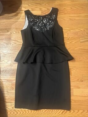 Spense Black Sleeveless Peplum Midi Dress with Laser-Cut Neckline